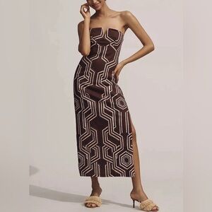 NWT Anthropologie Strapless Linen Plunge-Neck Midi Dress, Size 12